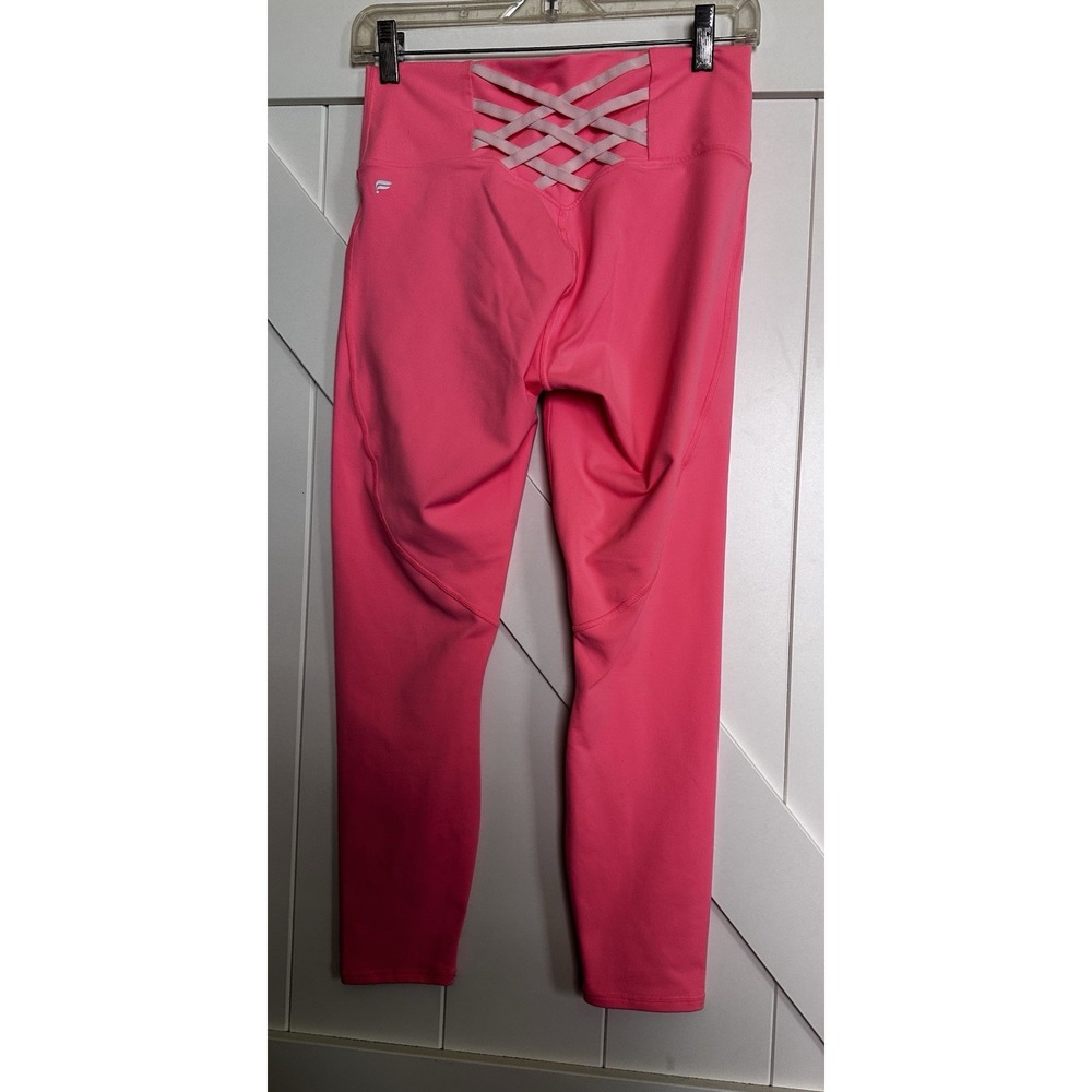 FABLETICS POWERHOLD Women Sz XS Activewear Leggings Bright Coral Cropped Pocket - Picture 2 of 5